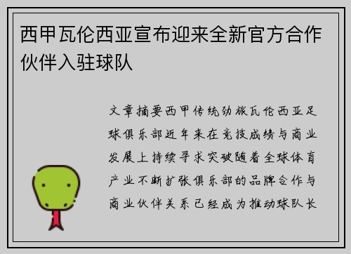 西甲瓦伦西亚宣布迎来全新官方合作伙伴入驻球队