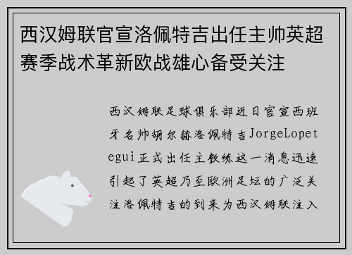 西汉姆联官宣洛佩特吉出任主帅英超赛季战术革新欧战雄心备受关注 西汉姆联官宣洛佩特吉出任主帅英超赛季战术革新欧战雄心备受关注